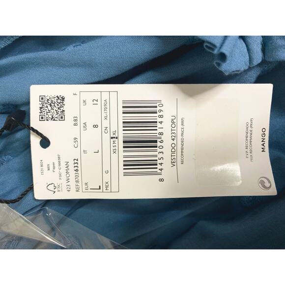 MNG Cotton Blue Smocked Puff Sleeve Maxi Dress NWT US 8 - Picture 11 of 12